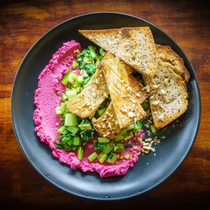 Beetroot hummus with mushrooms